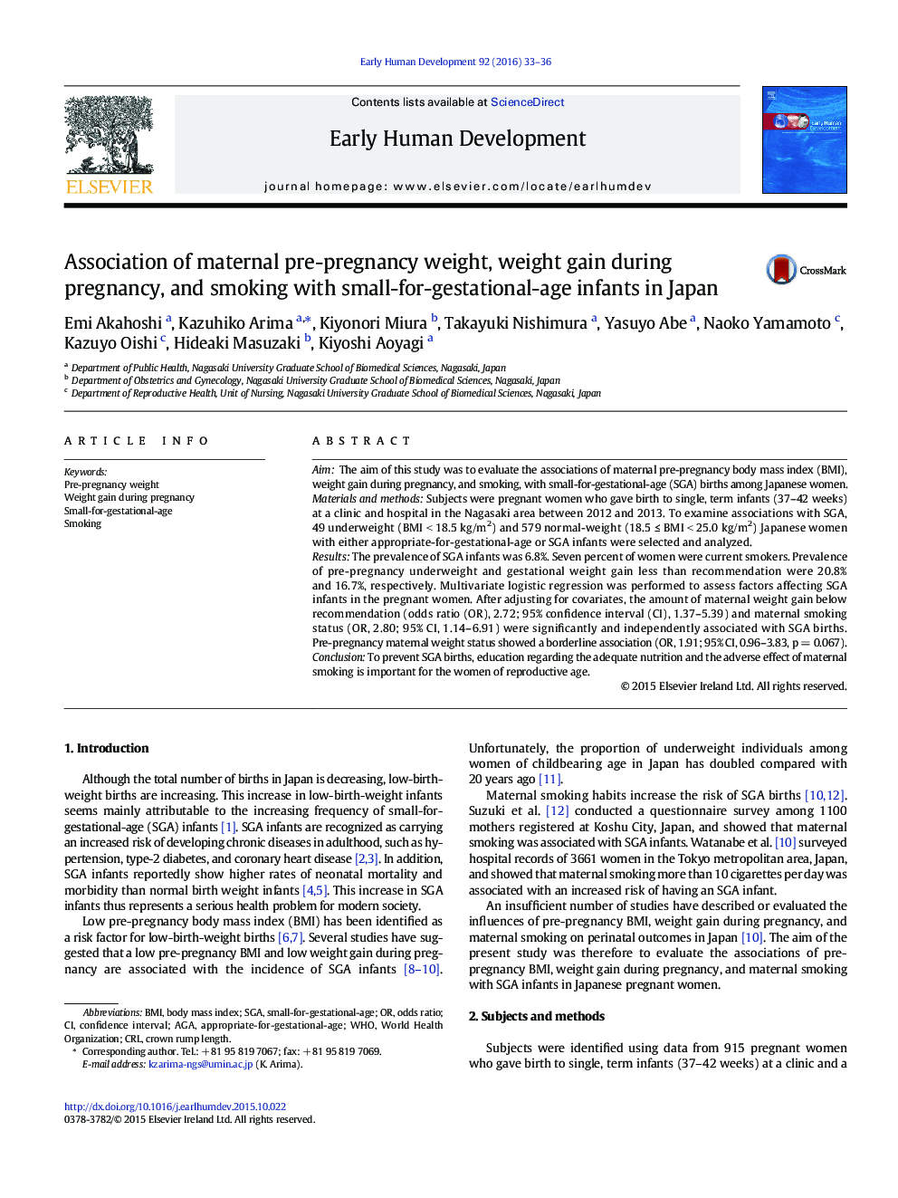 Association of maternal pre-pregnancy weight, weight gain during pregnancy, and smoking with small-for-gestational-age infants in Japan