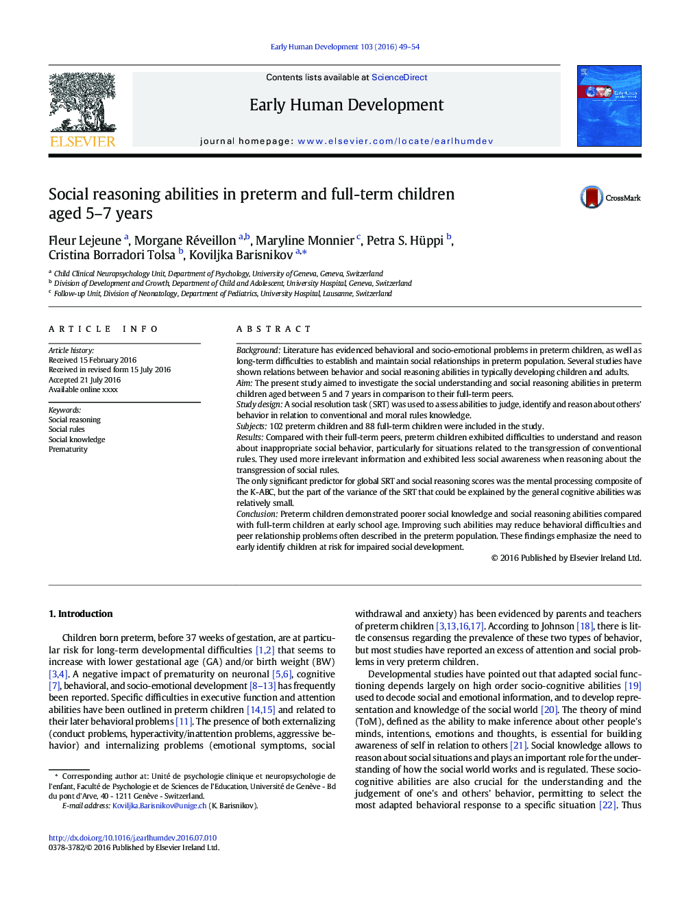 Social reasoning abilities in preterm and full-term children aged 5–7 years