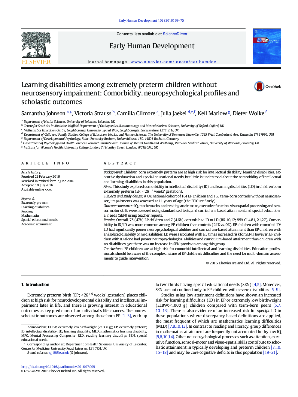 Learning disabilities among extremely preterm children without neurosensory impairment: Comorbidity, neuropsychological profiles and scholastic outcomes