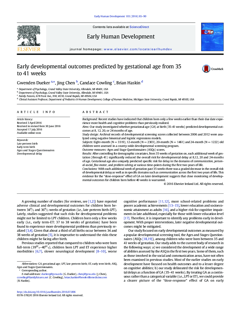 Early developmental outcomes predicted by gestational age from 35 to 41 weeks