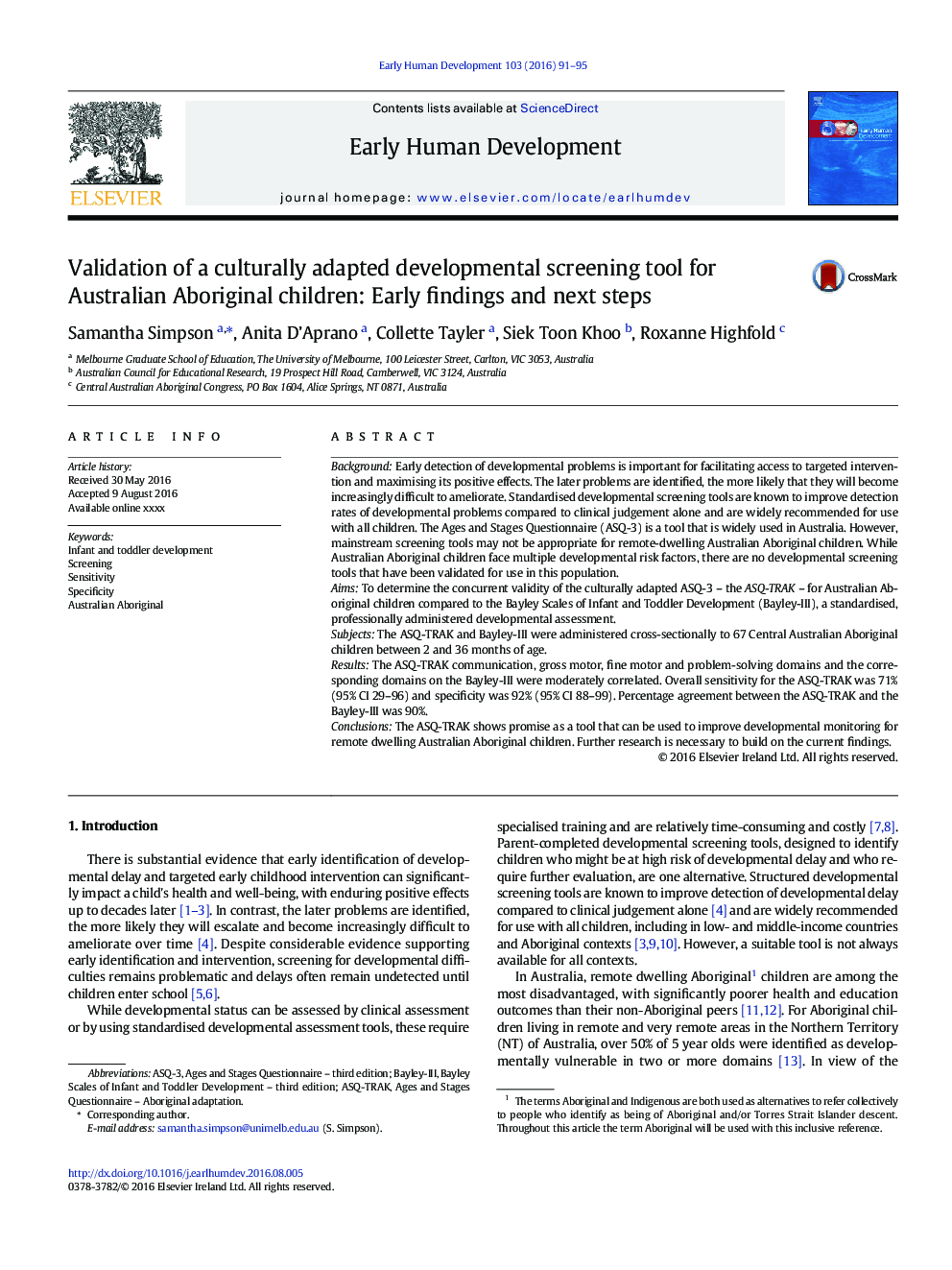 Validation of a culturally adapted developmental screening tool for Australian Aboriginal children: Early findings and next steps