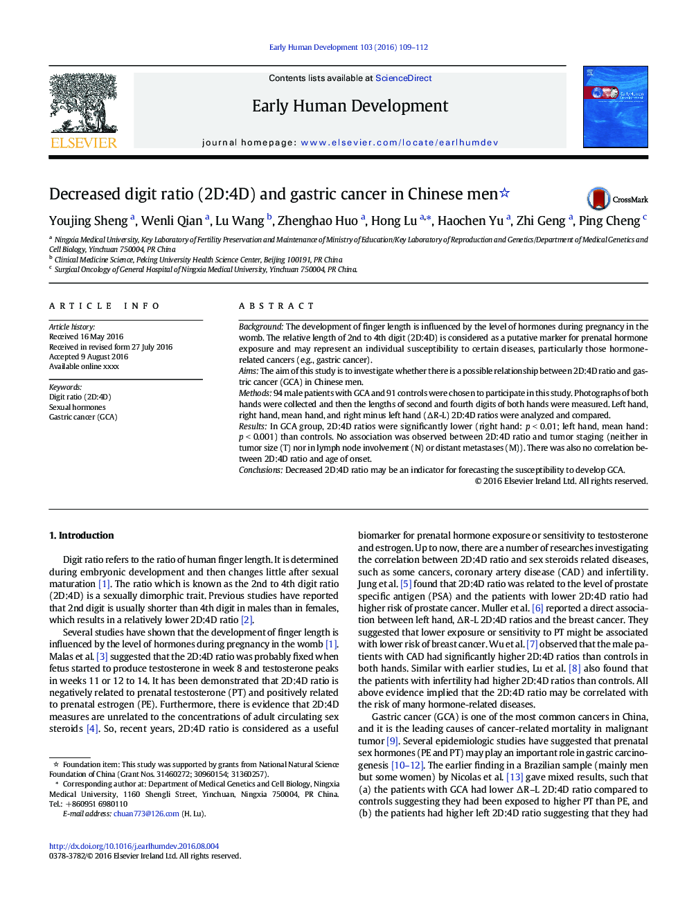 Decreased digit ratio (2D:4D) and gastric cancer in Chinese men 