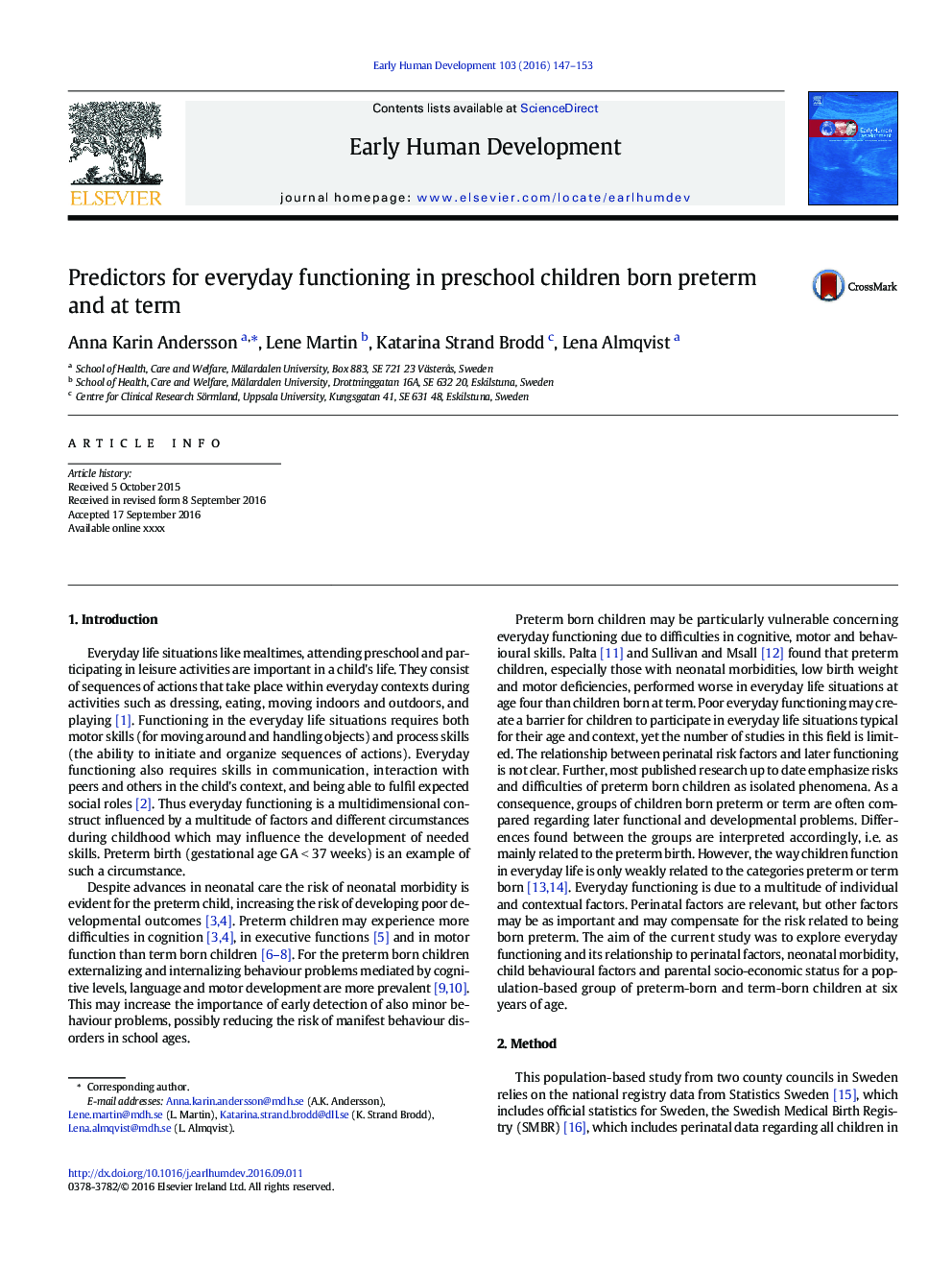 Predictors for everyday functioning in preschool children born preterm and at term