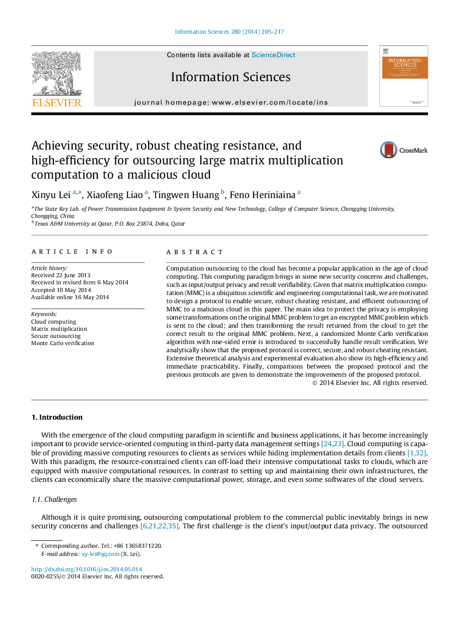 Achieving security, robust cheating resistance, and high-efficiency for outsourcing large matrix multiplication computation to a malicious cloud