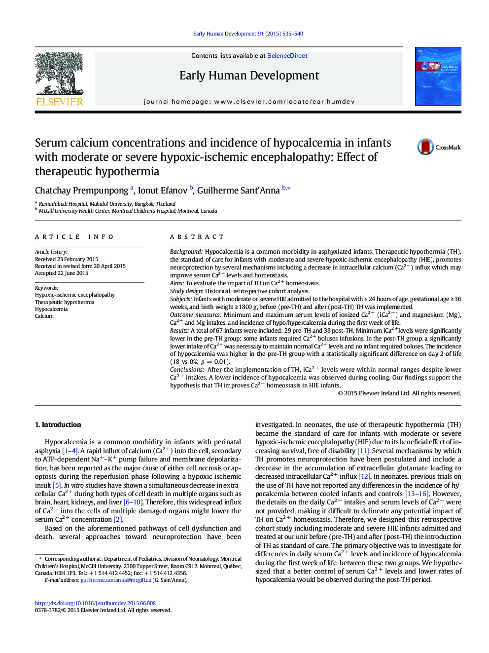 Serum calcium concentrations and incidence of hypocalcemia in infants with moderate or severe hypoxic-ischemic encephalopathy: Effect of therapeutic hypothermia