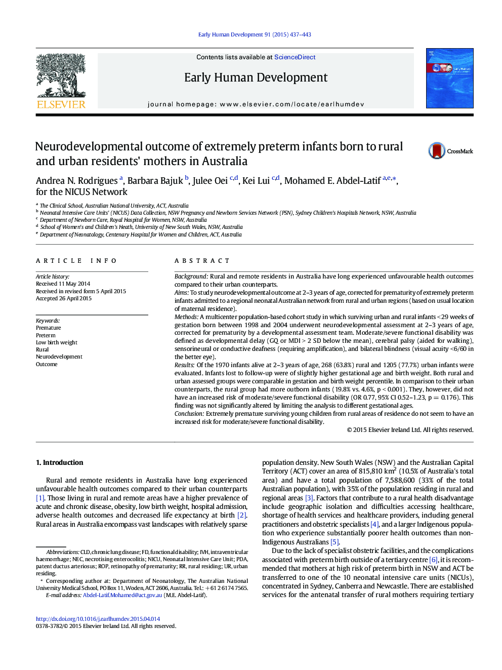 Neurodevelopmental outcome of extremely preterm infants born to rural and urban residents' mothers in Australia