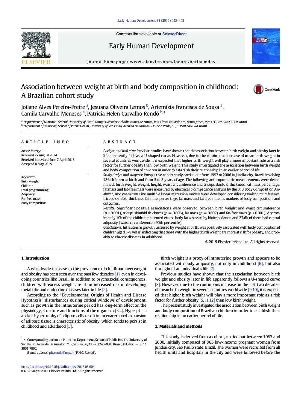 Association between weight at birth and body composition in childhood: A Brazilian cohort study