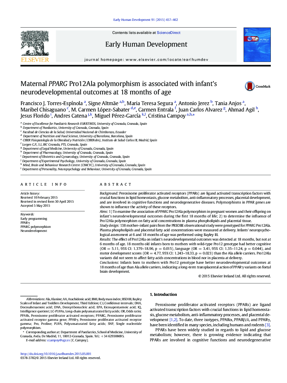 Maternal PPARG Pro12Ala polymorphism is associated with infant's neurodevelopmental outcomes at 18 months of age