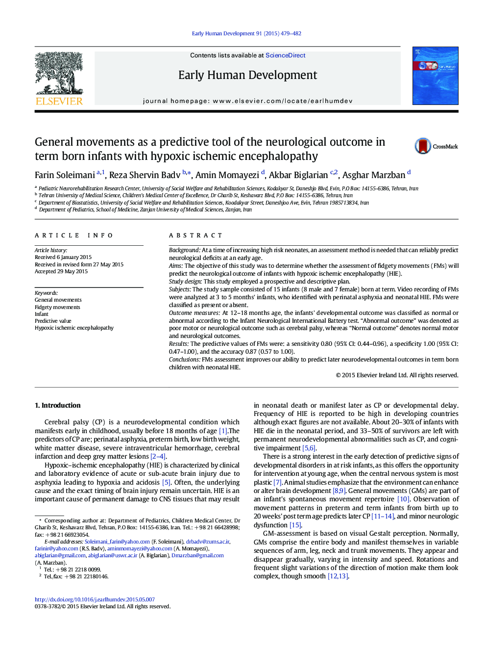 General movements as a predictive tool of the neurological outcome in term born infants with hypoxic ischemic encephalopathy