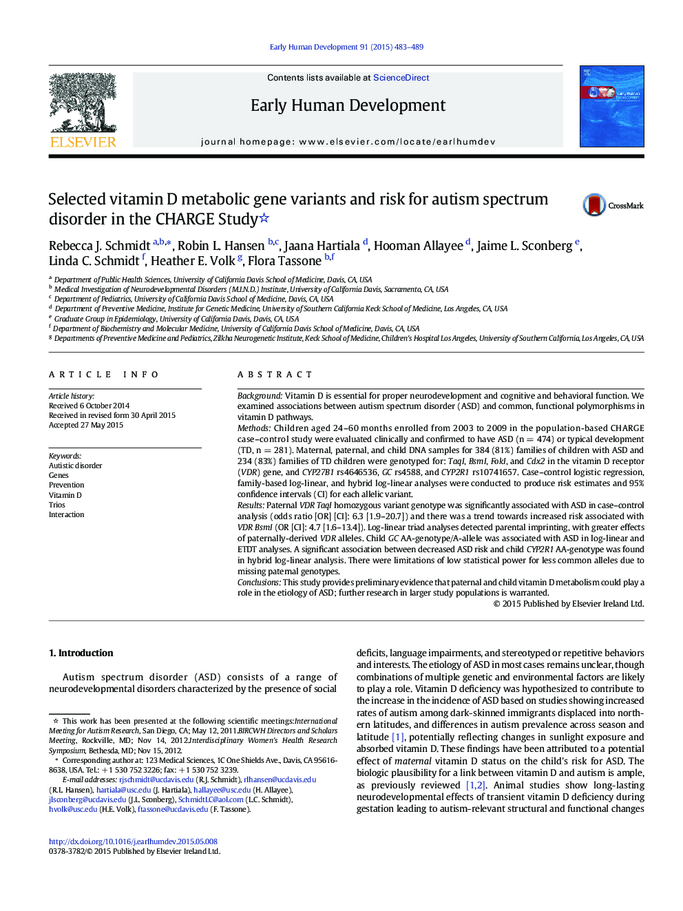 Selected vitamin D metabolic gene variants and risk for autism spectrum disorder in the CHARGE Study 