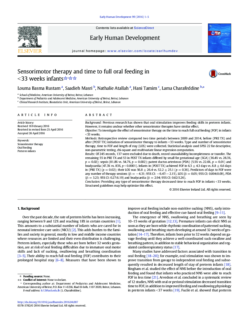 Sensorimotor therapy and time to full oral feeding in < 33 weeks infants 