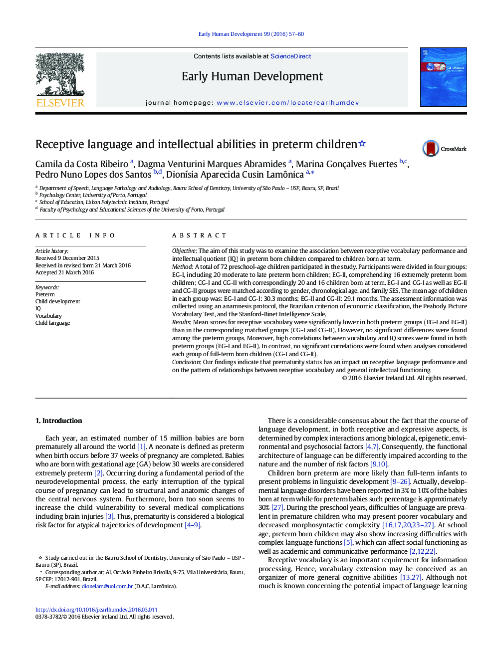 Receptive language and intellectual abilities in preterm children 