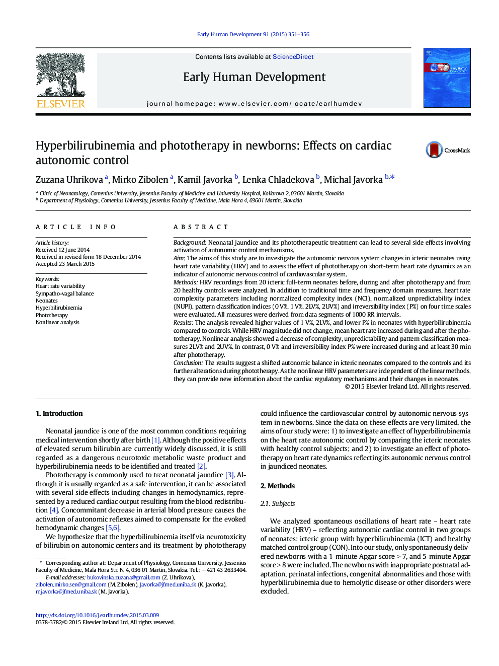 Hyperbilirubinemia and phototherapy in newborns: Effects on cardiac autonomic control