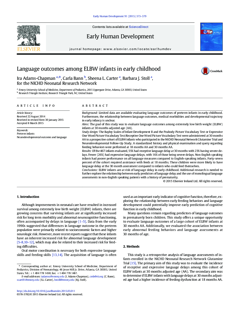 Language outcomes among ELBW infants in early childhood