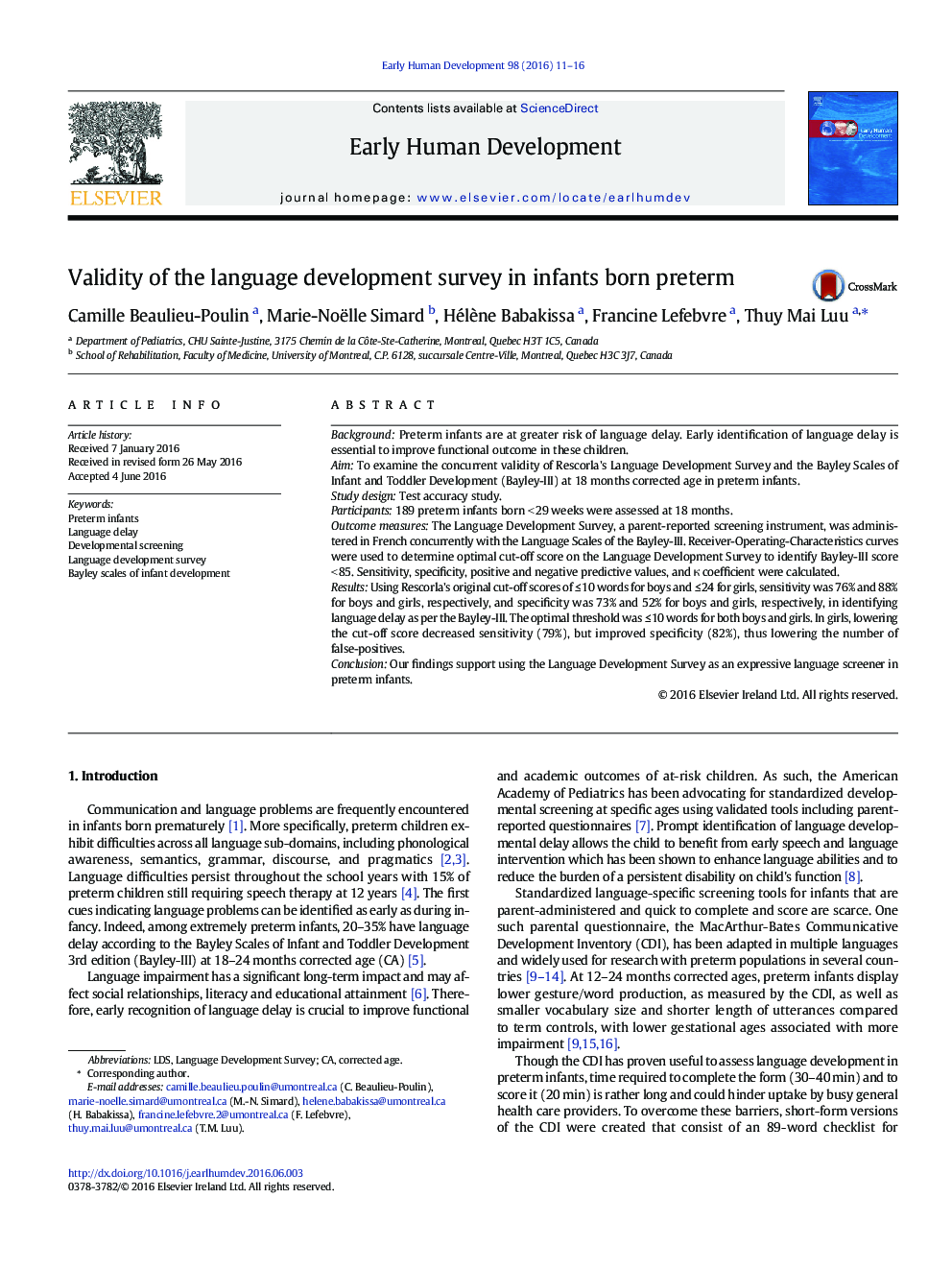 Validity of the language development survey in infants born preterm