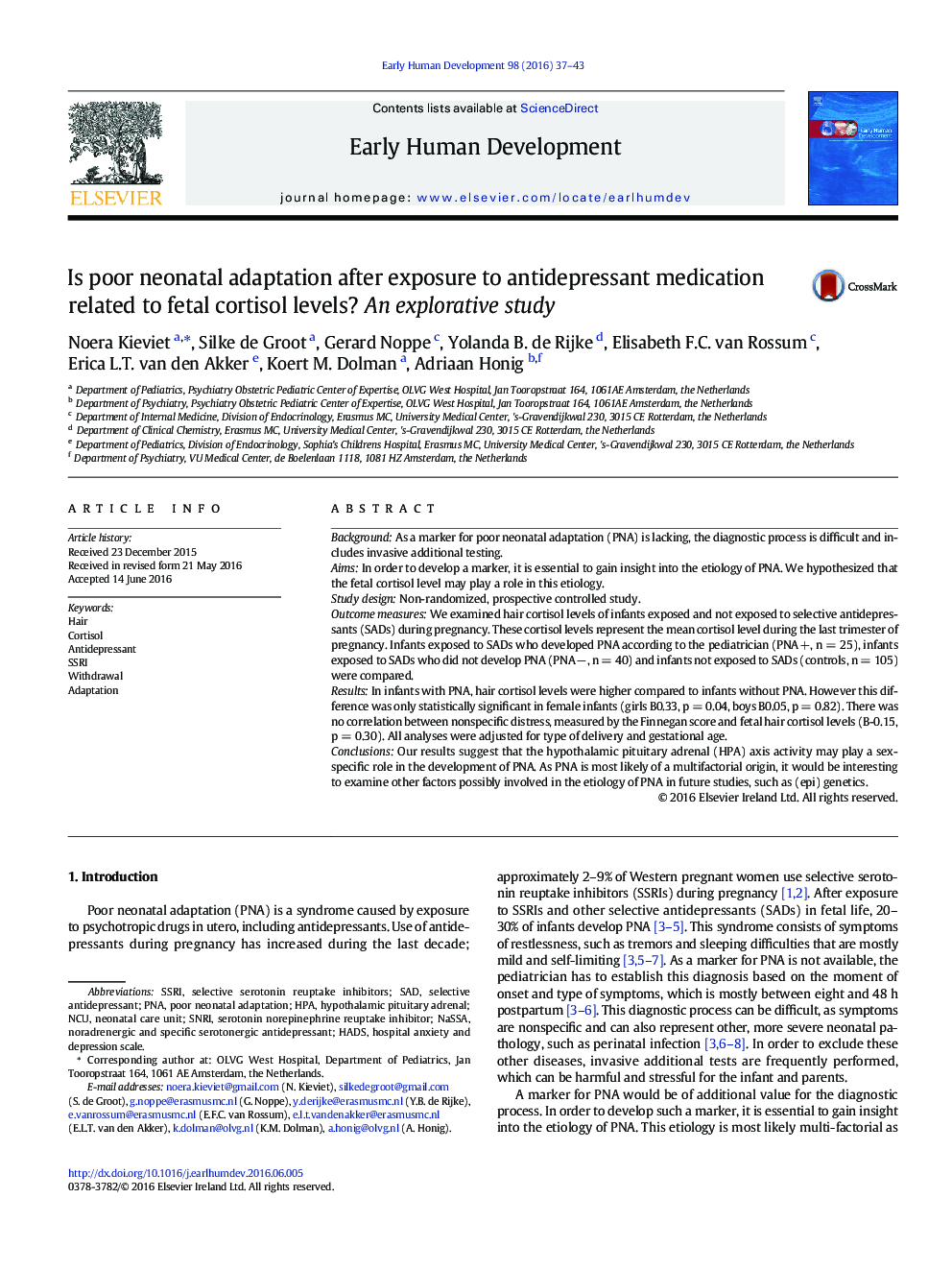 Is poor neonatal adaptation after exposure to antidepressant medication related to fetal cortisol levels? An explorative study