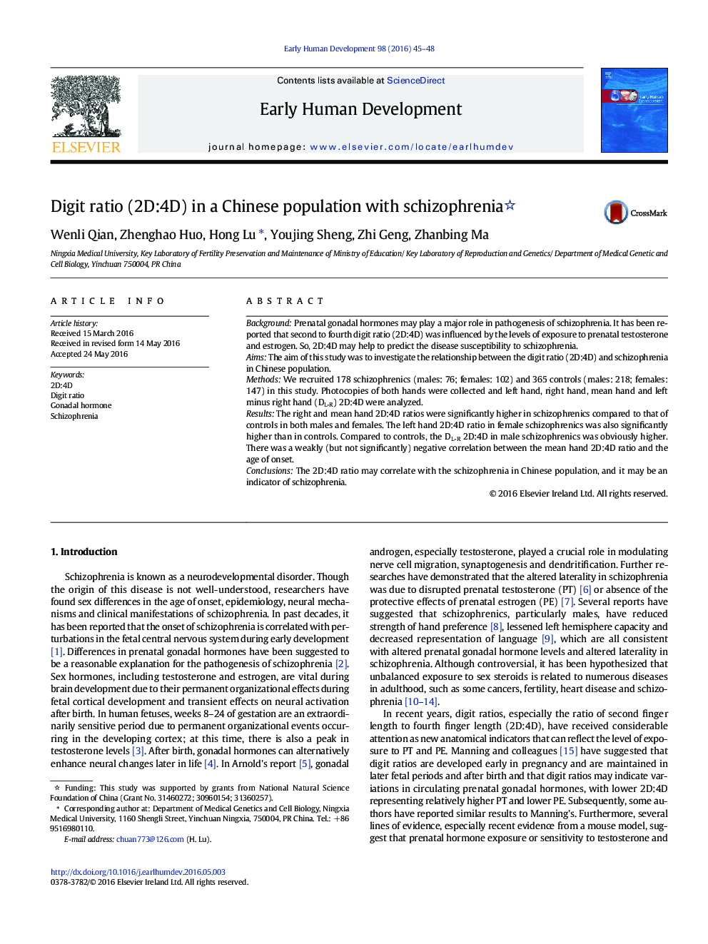 Digit ratio (2D:4D) in a Chinese population with schizophrenia 