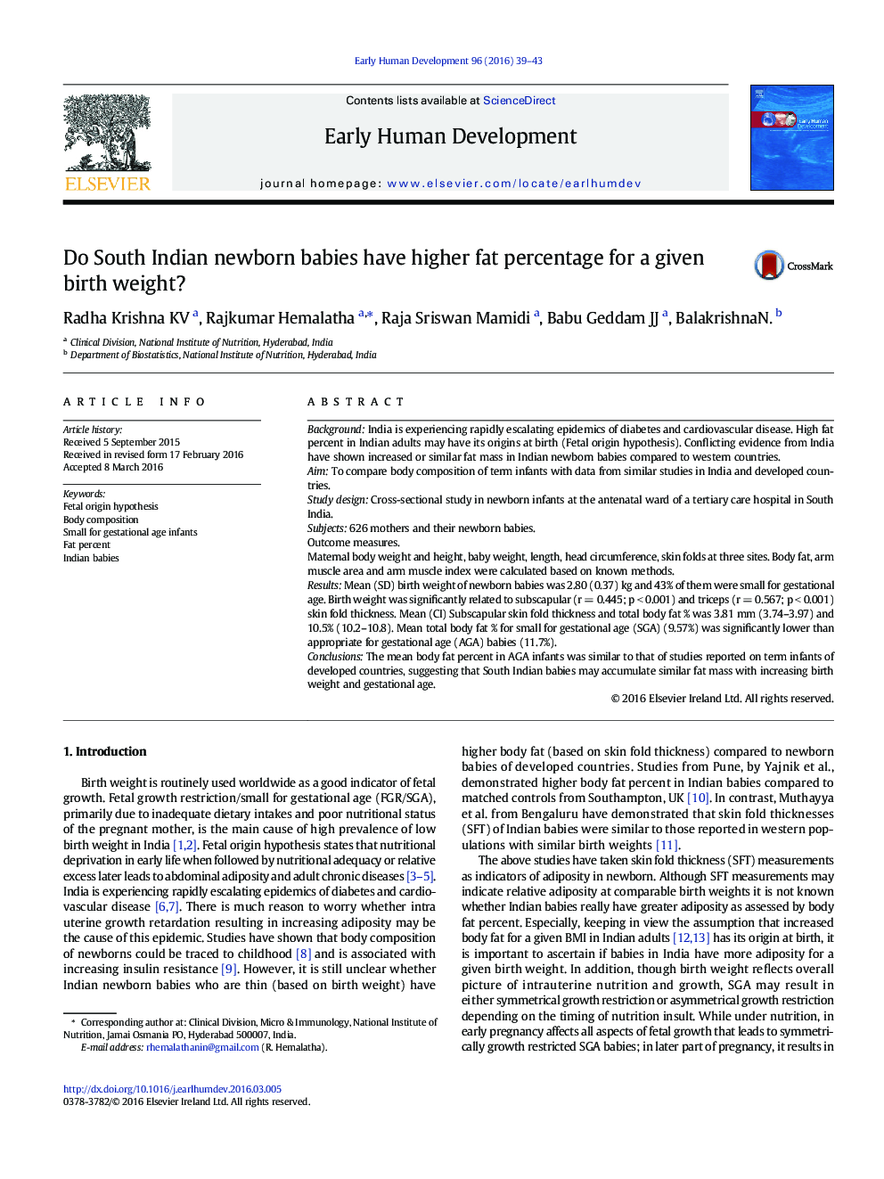 Do South Indian newborn babies have higher fat percentage for a given birth weight?