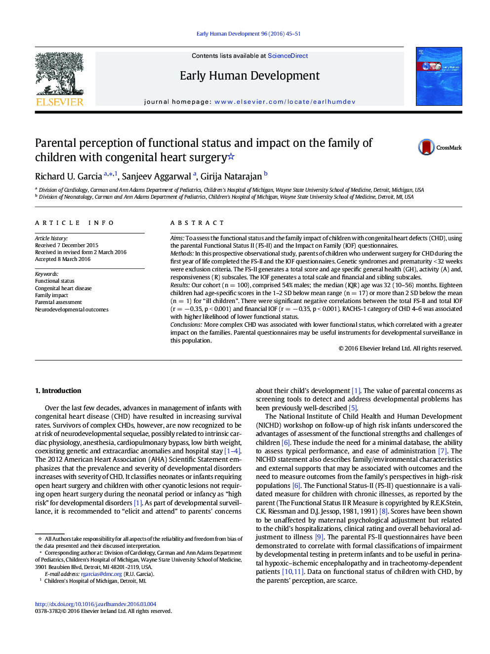 Parental perception of functional status and impact on the family of children with congenital heart surgery 