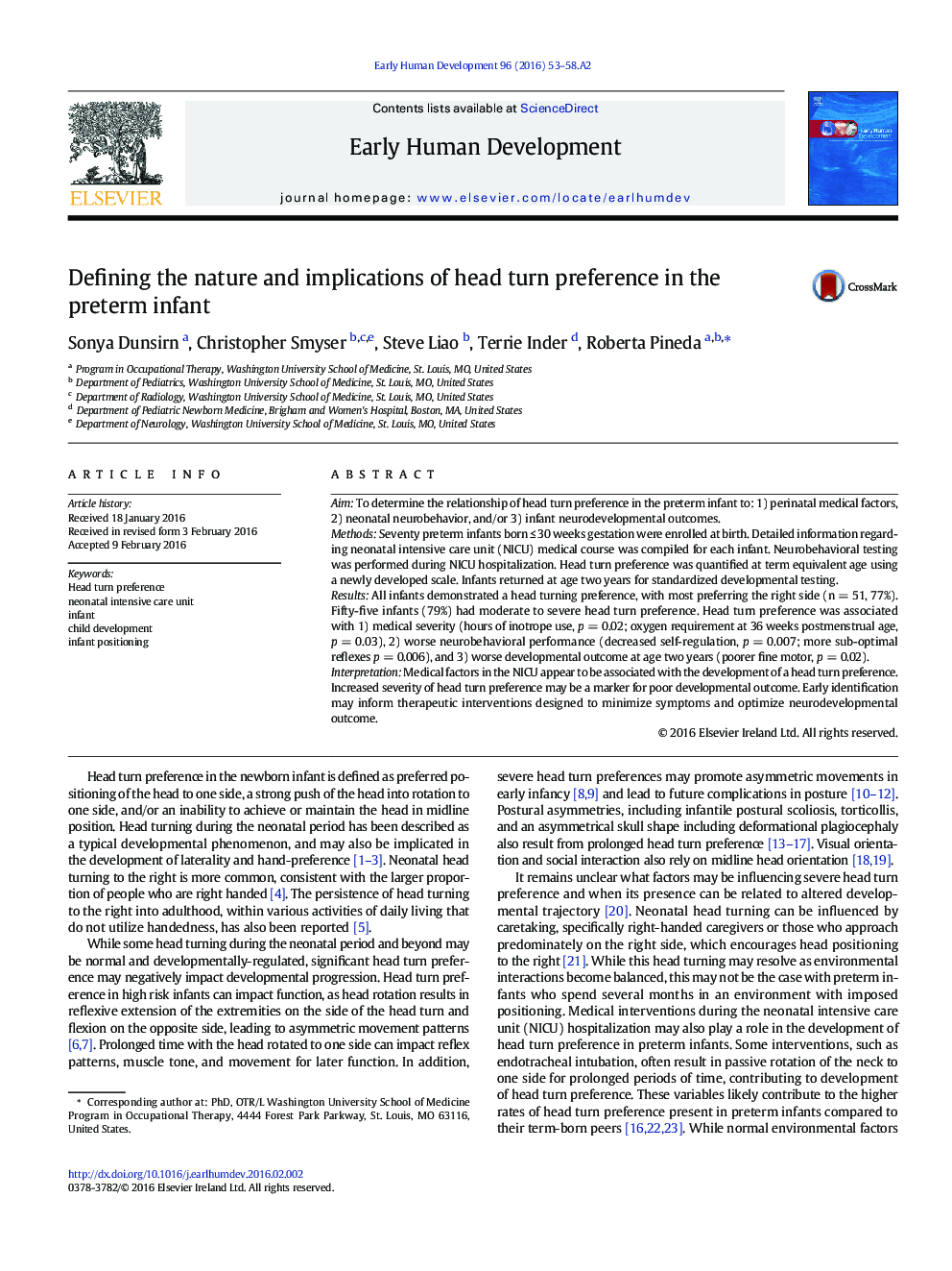 Defining the nature and implications of head turn preference in the preterm infant