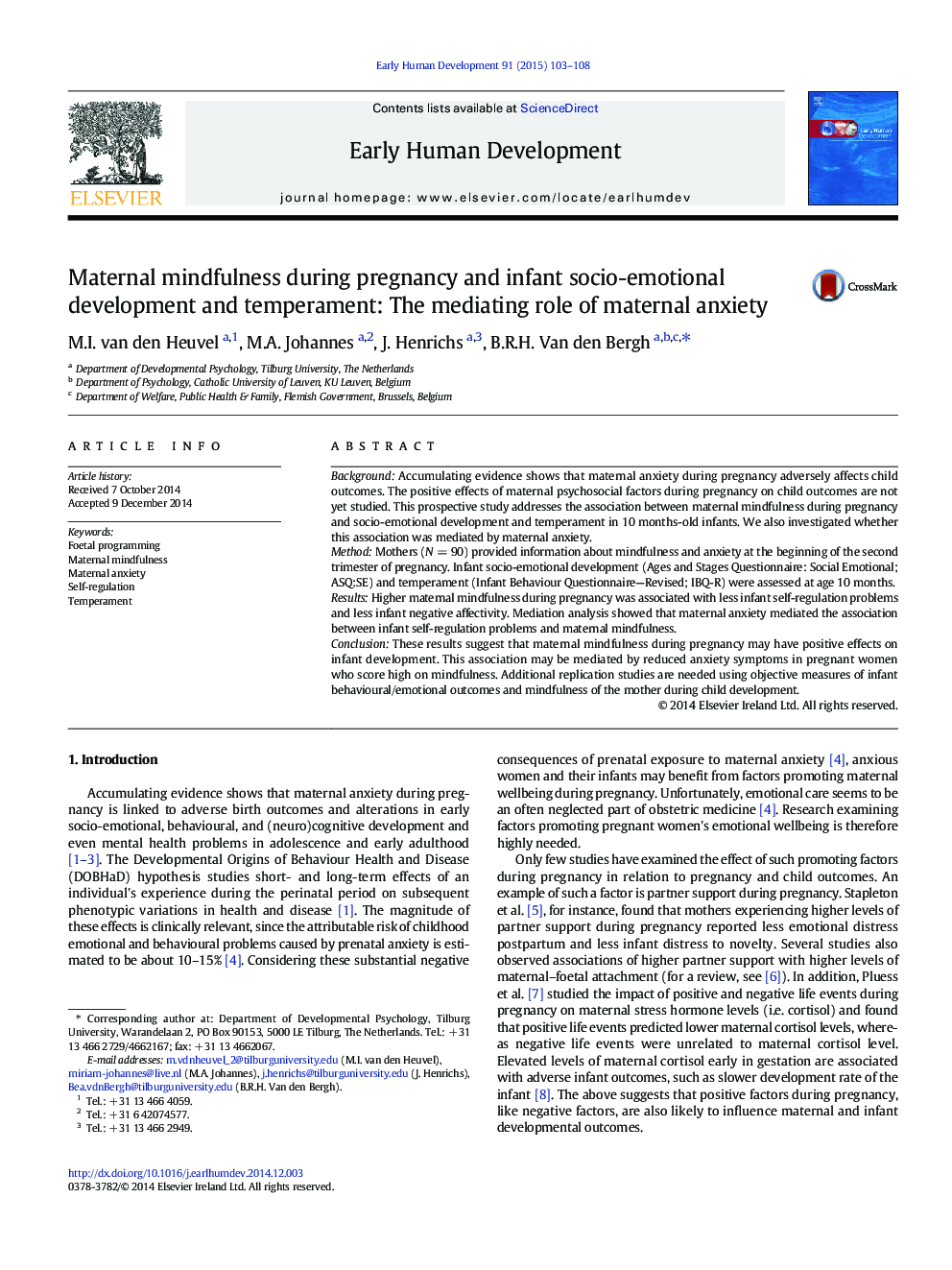 Maternal mindfulness during pregnancy and infant socio-emotional development and temperament: The mediating role of maternal anxiety