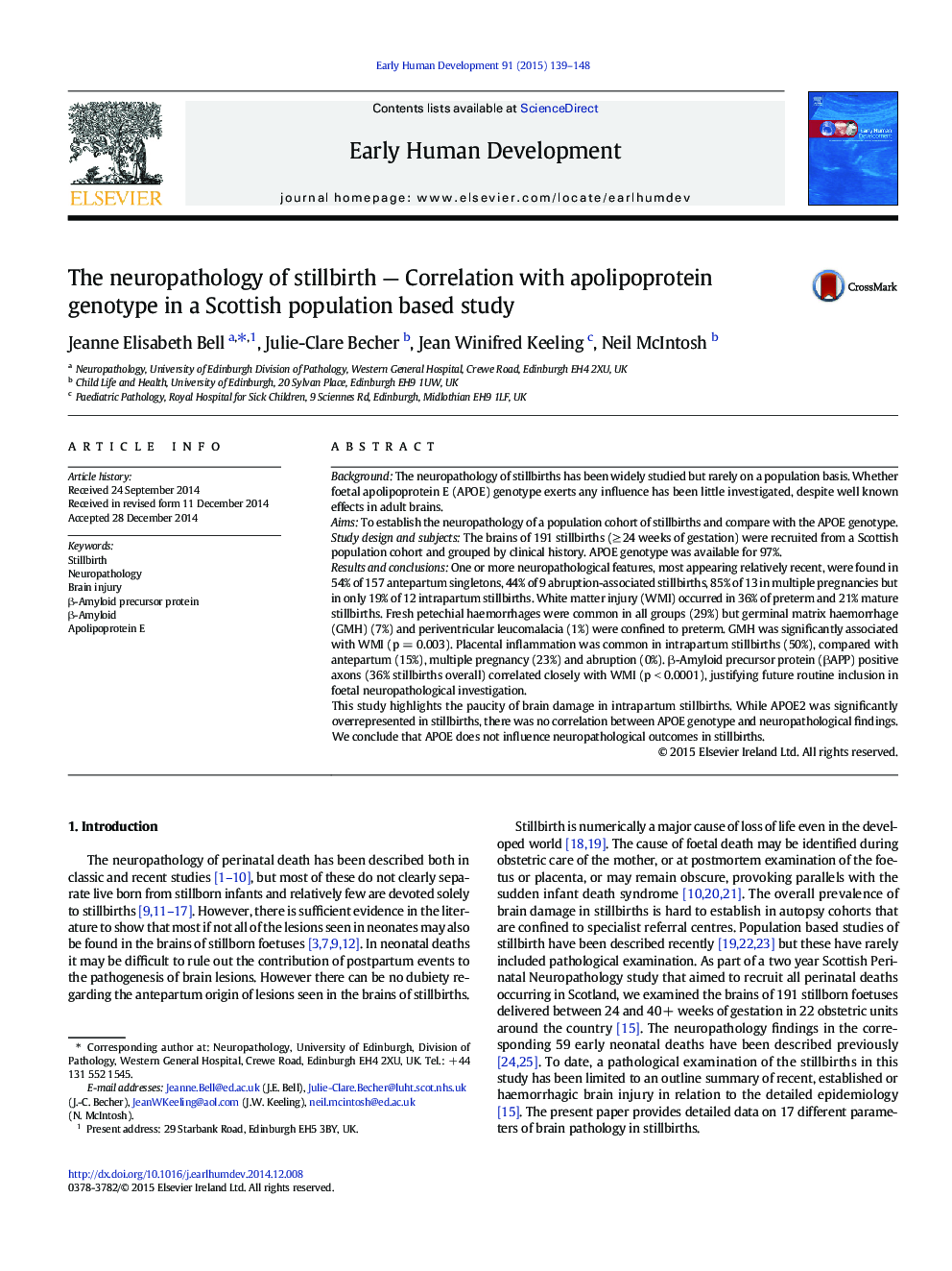 The neuropathology of stillbirth — Correlation with apolipoprotein genotype in a Scottish population based study