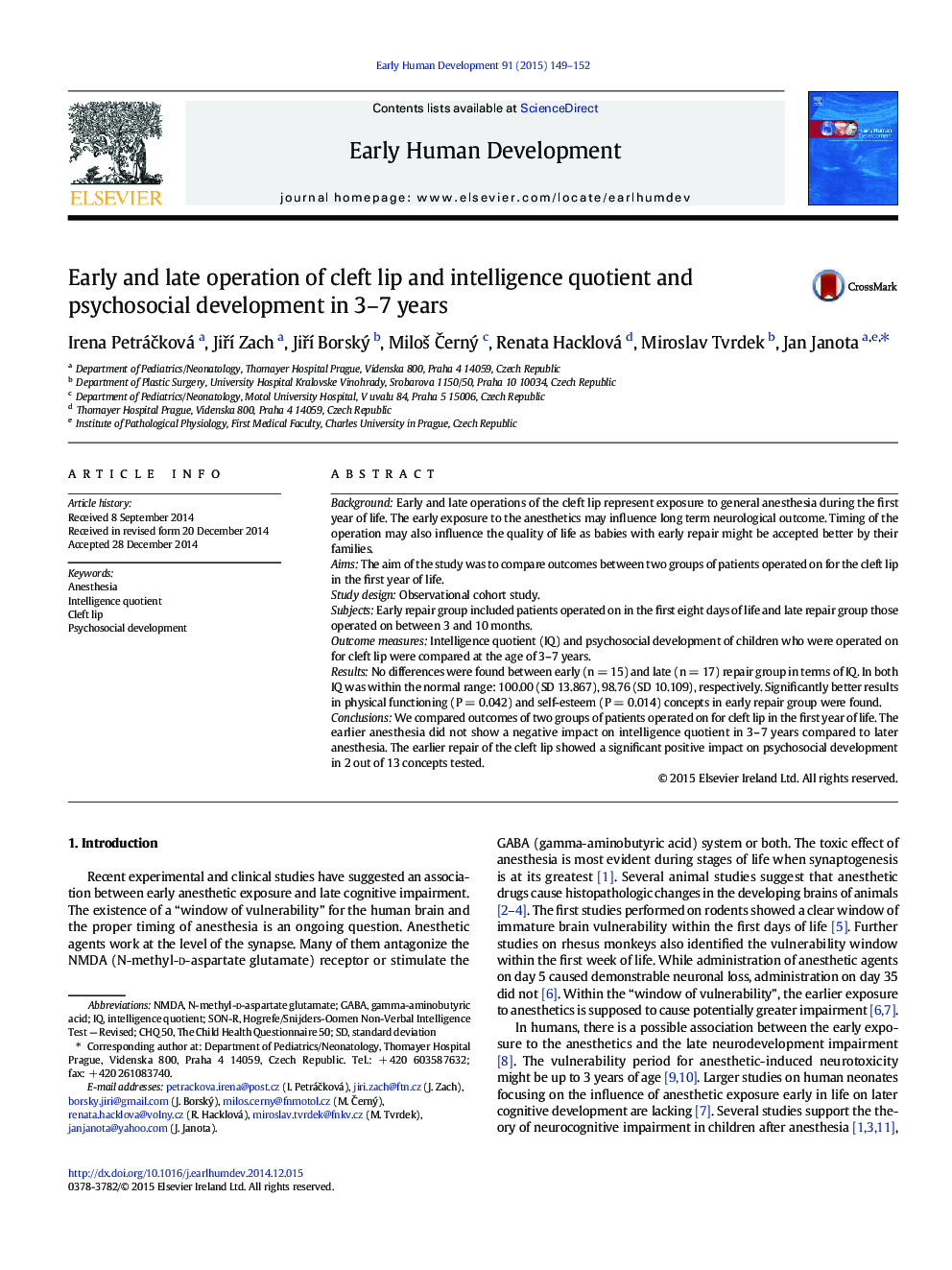 Early and late operation of cleft lip and intelligence quotient and psychosocial development in 3–7 years