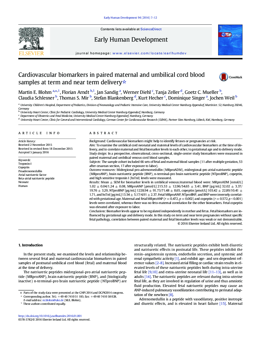 Cardiovascular biomarkers in paired maternal and umbilical cord blood samples at term and near term delivery 