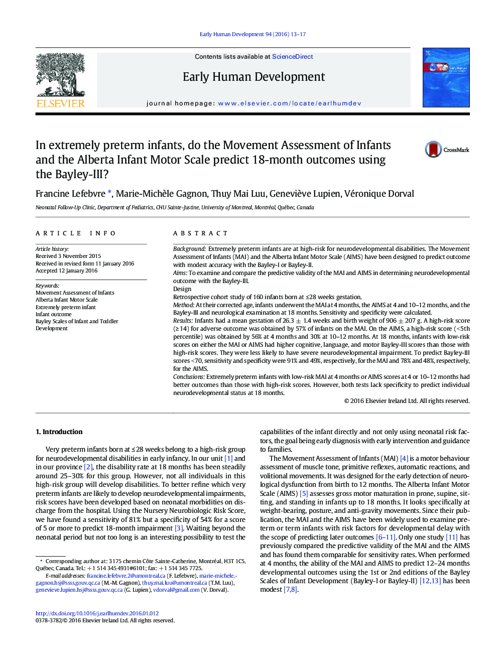 In extremely preterm infants, do the Movement Assessment of Infants and the Alberta Infant Motor Scale predict 18-month outcomes using the Bayley-III?