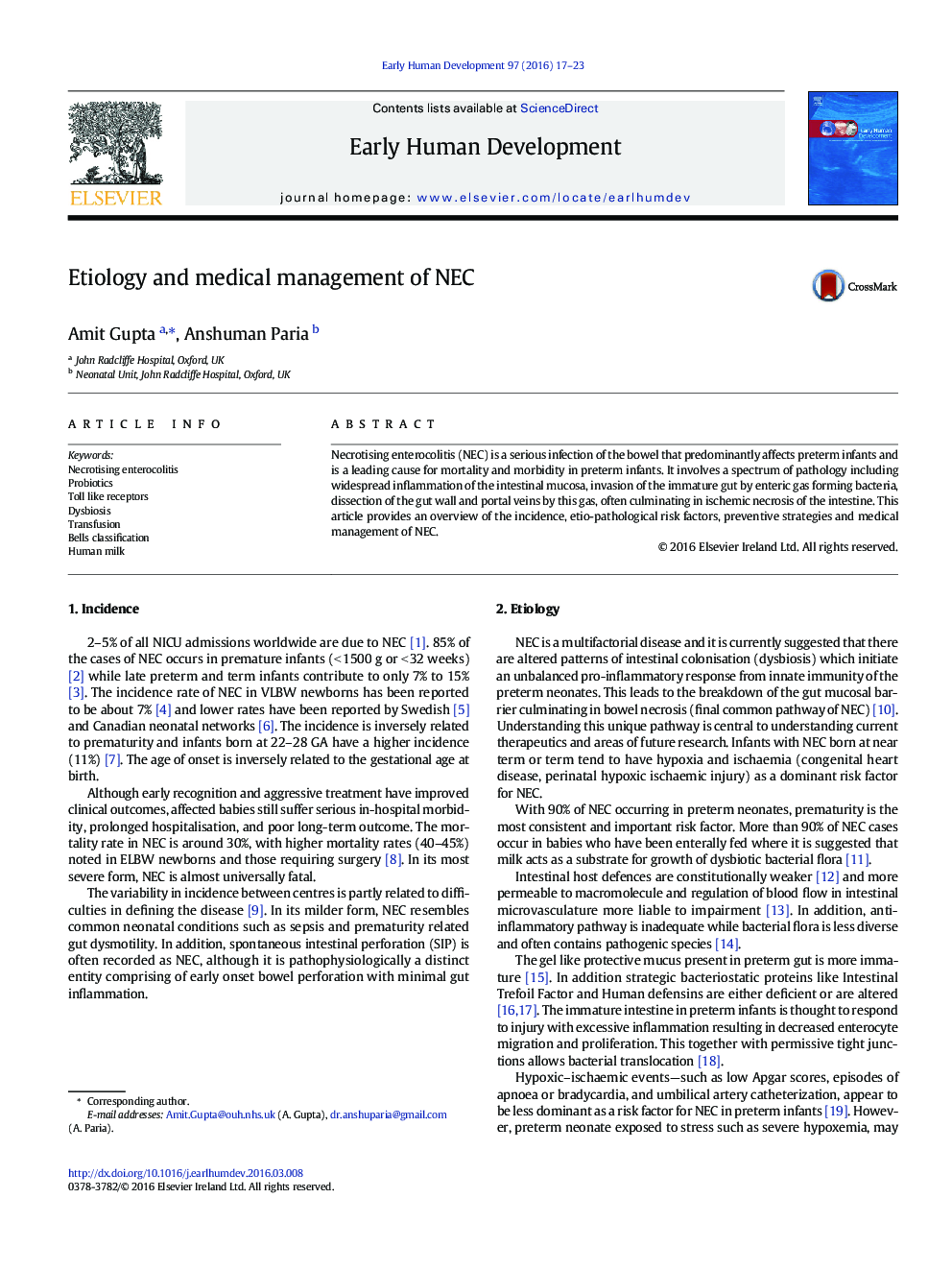 Etiology and medical management of NEC