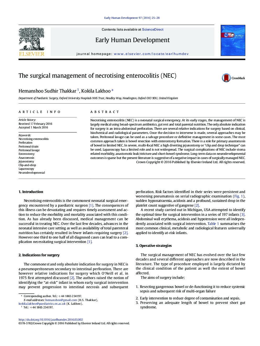 The surgical management of necrotising enterocolitis (NEC)