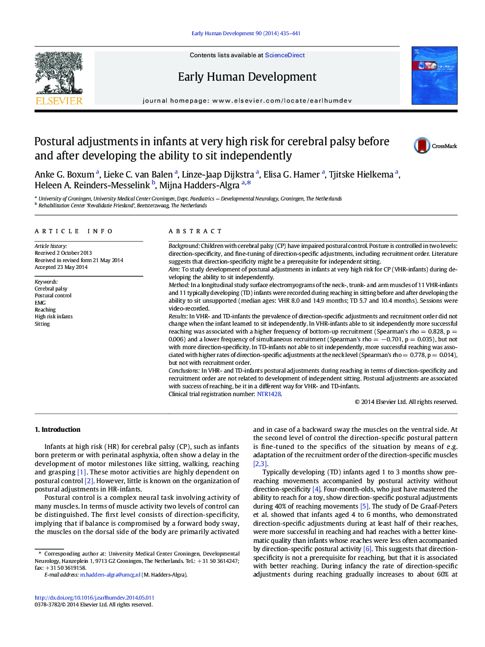 Postural adjustments in infants at very high risk for cerebral palsy before and after developing the ability to sit independently