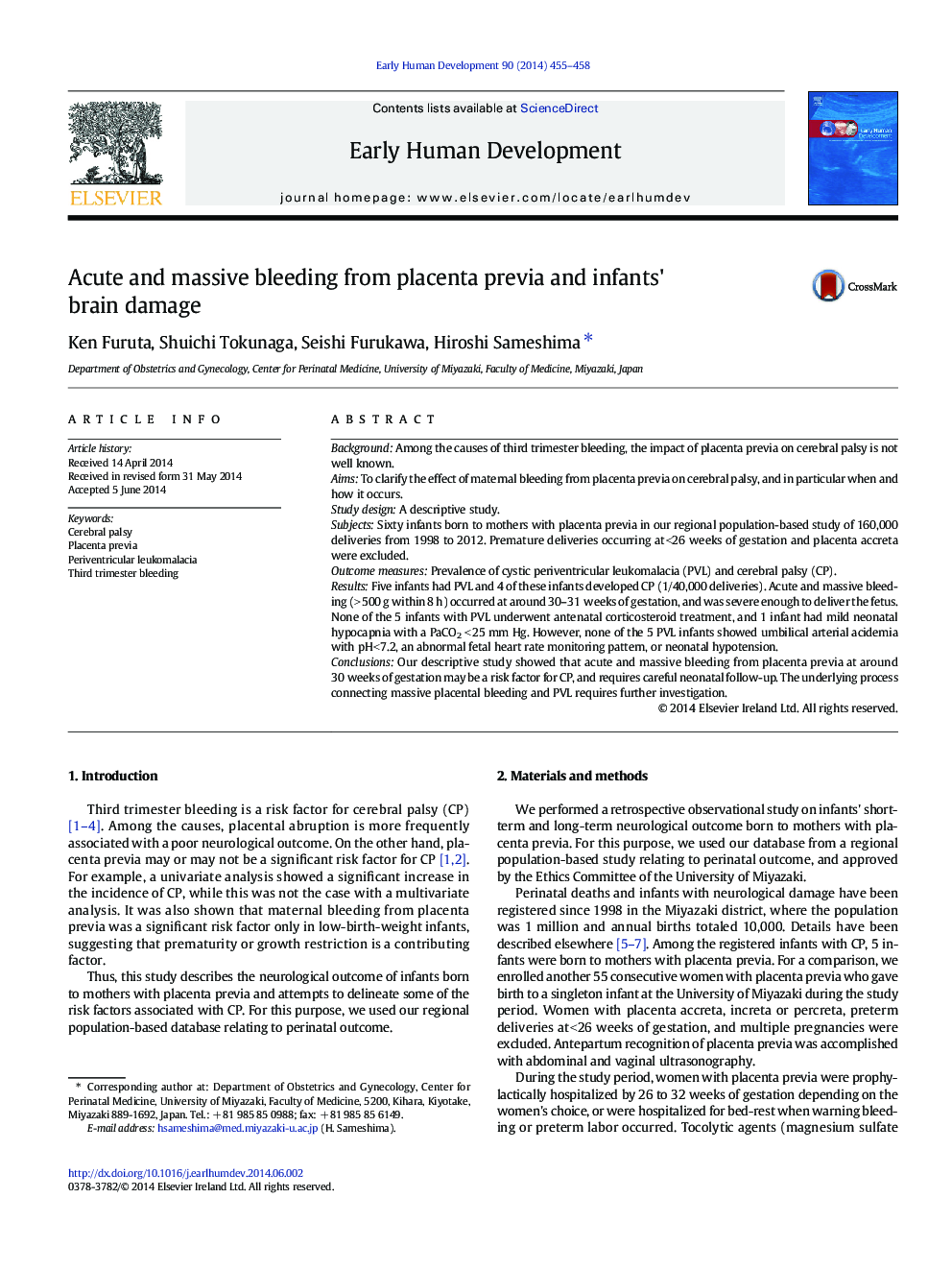 Acute and massive bleeding from placenta previa and infants' brain damage