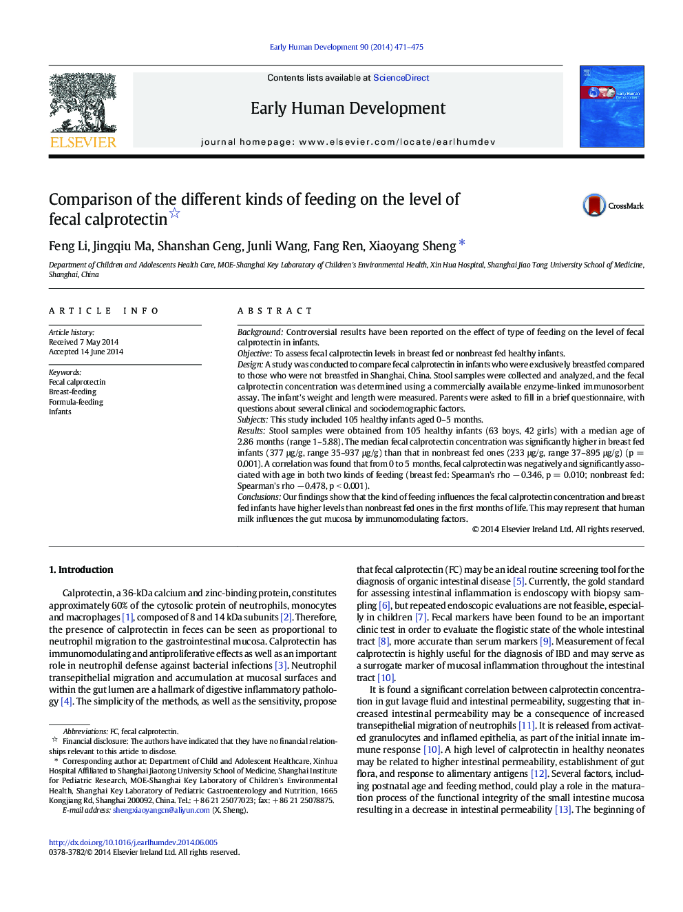 Comparison of the different kinds of feeding on the level of fecal calprotectin 