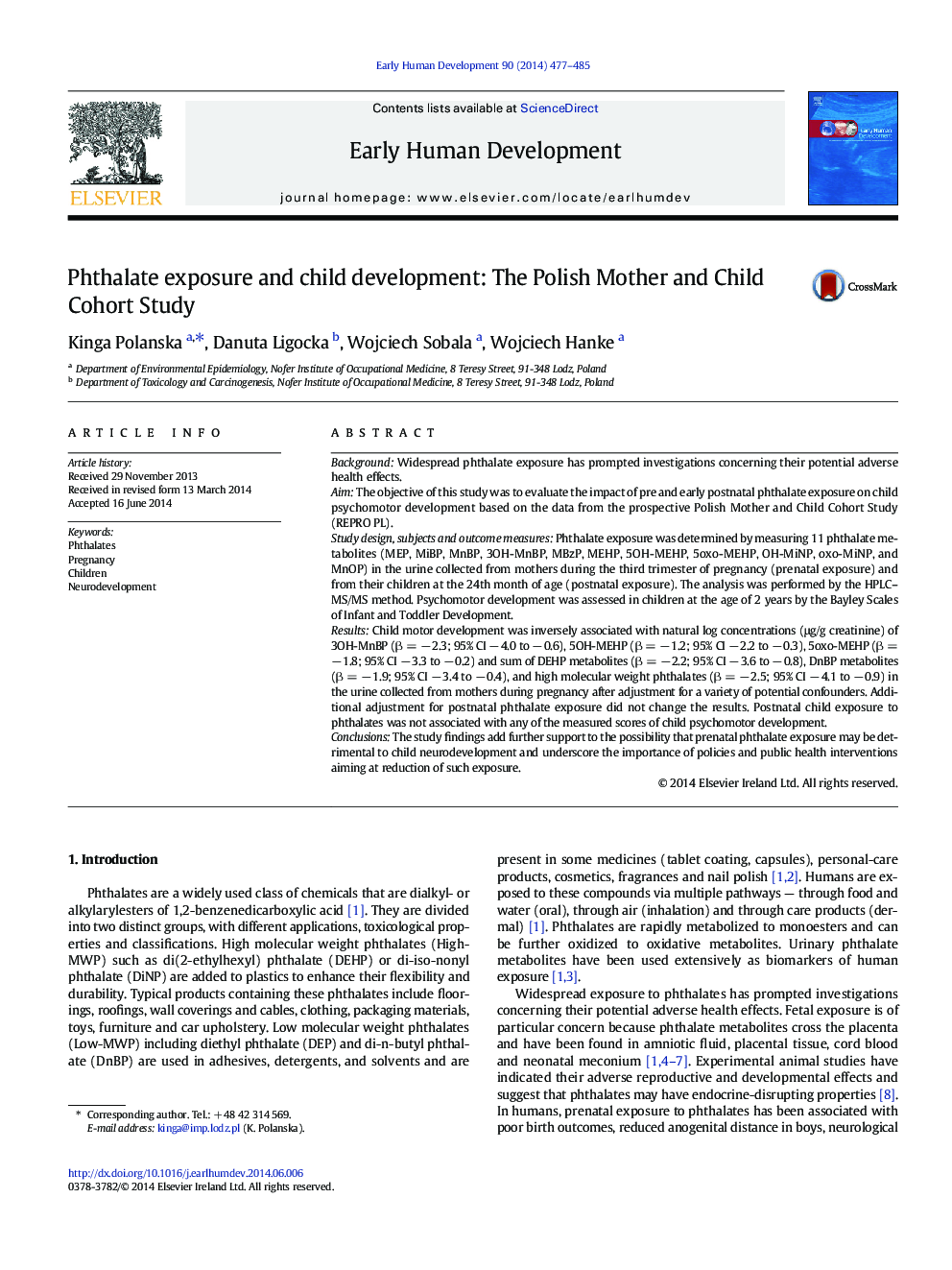 Phthalate exposure and child development: The Polish Mother and Child Cohort Study