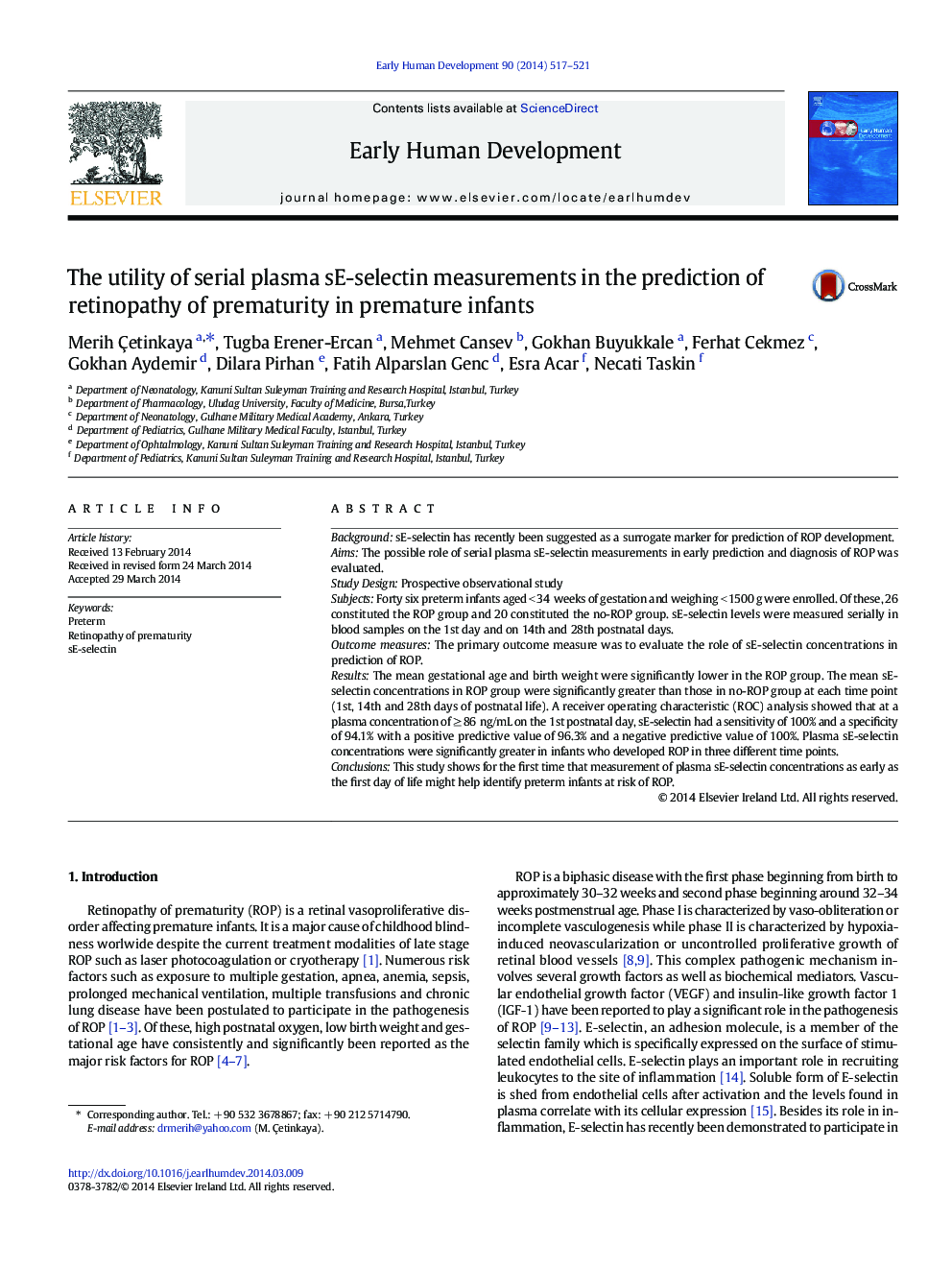 The utility of serial plasma sE-selectin measurements in the prediction of retinopathy of prematurity in premature infants