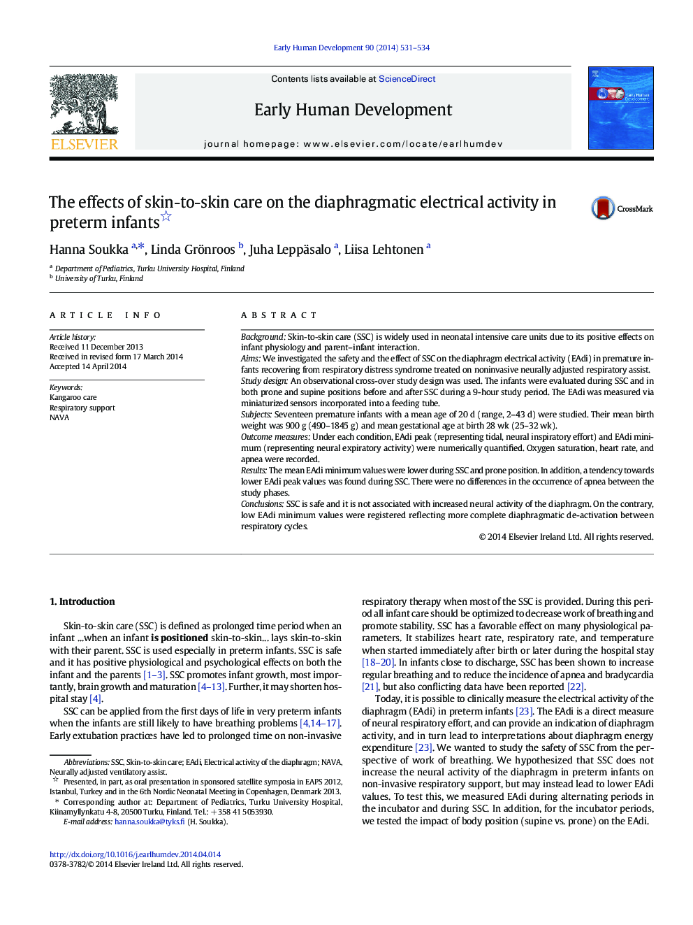 The effects of skin-to-skin care on the diaphragmatic electrical activity in preterm infants 