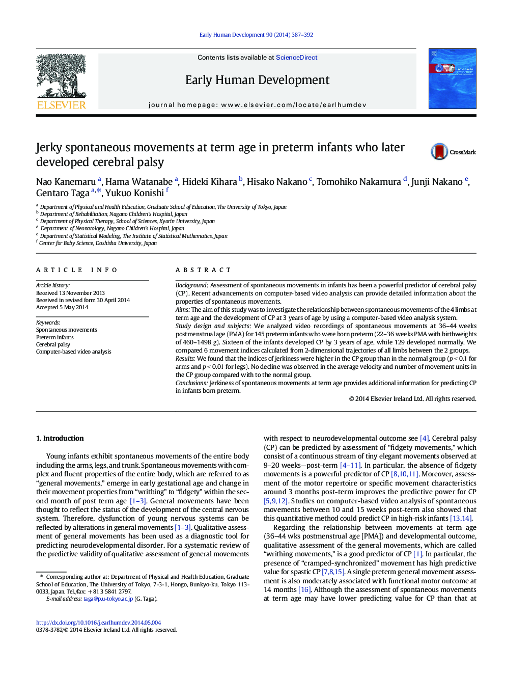 Jerky spontaneous movements at term age in preterm infants who later developed cerebral palsy