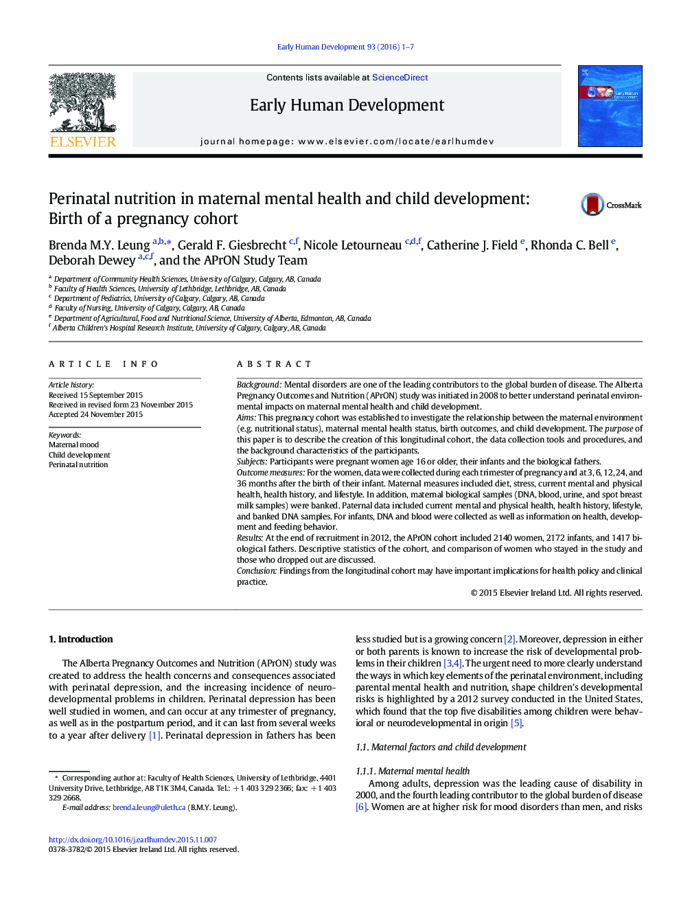 Perinatal nutrition in maternal mental health and child development: Birth of a pregnancy cohort