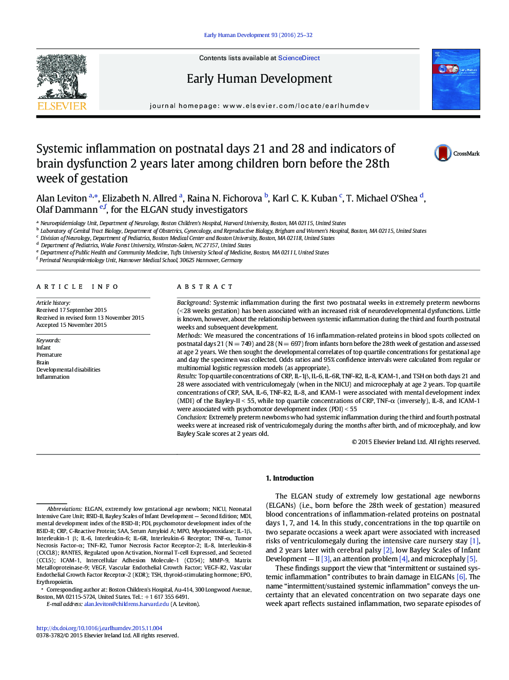 Systemic inflammation on postnatal days 21 and 28 and indicators of brain dysfunction 2 years later among children born before the 28th week of gestation