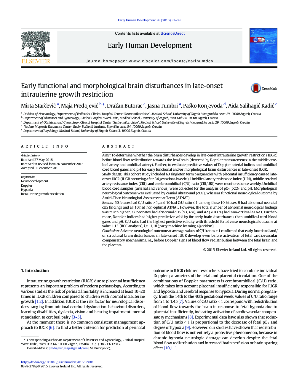 Early functional and morphological brain disturbances in late-onset intrauterine growth restriction