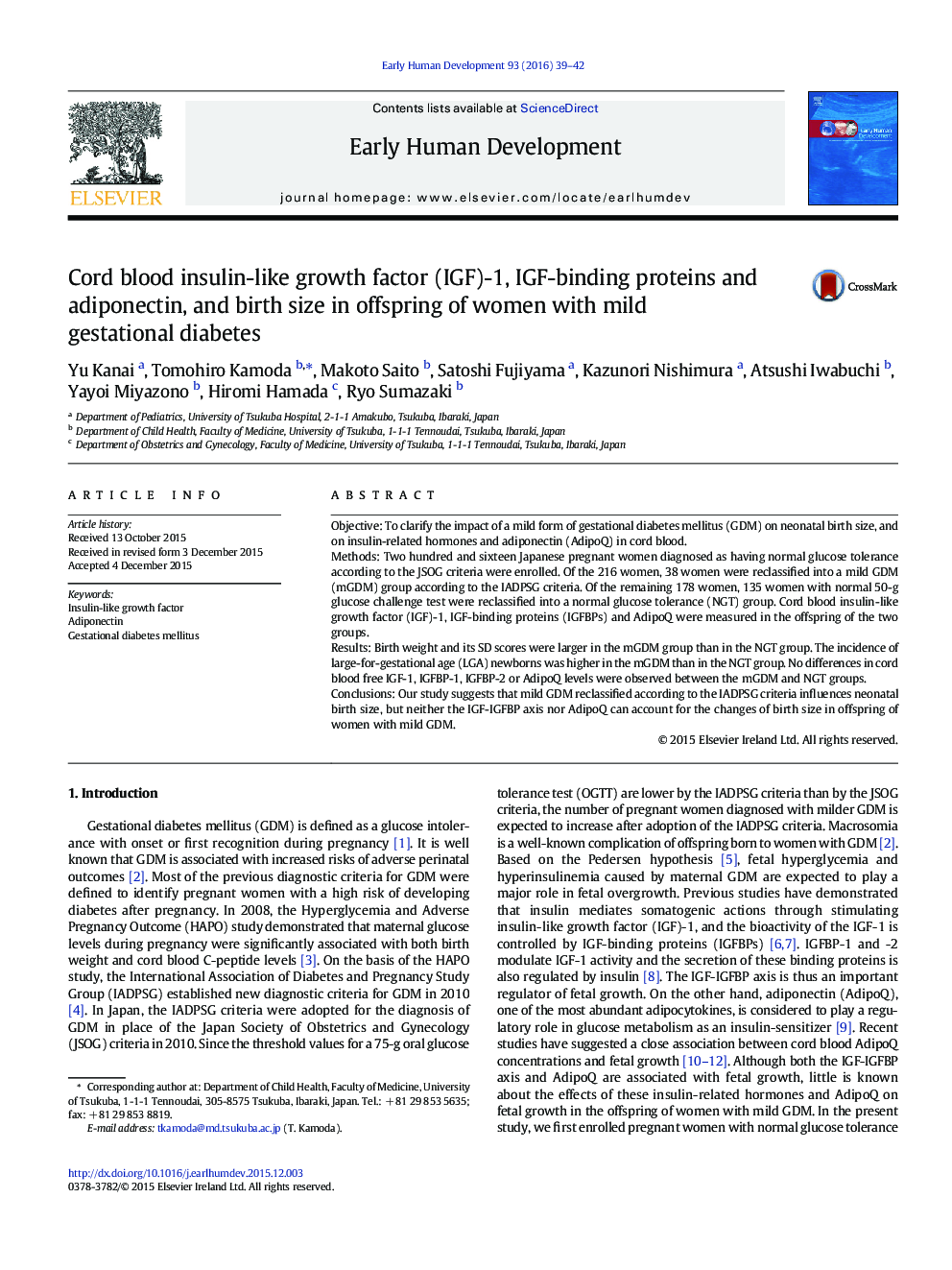 Cord blood insulin-like growth factor (IGF)-1, IGF-binding proteins and adiponectin, and birth size in offspring of women with mild gestational diabetes