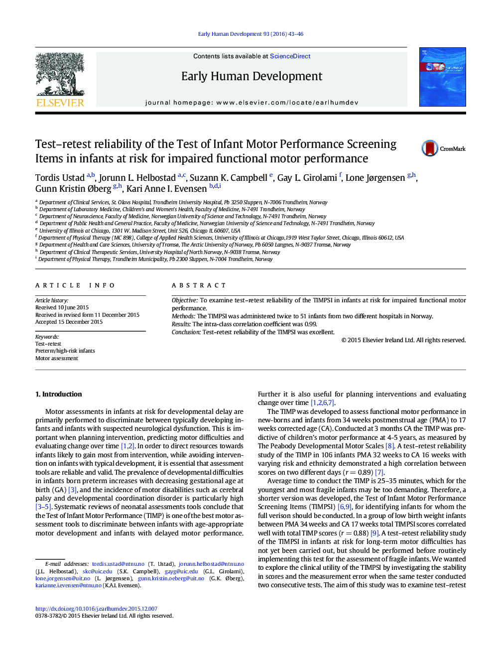 Test–retest reliability of the Test of Infant Motor Performance Screening Items in infants at risk for impaired functional motor performance