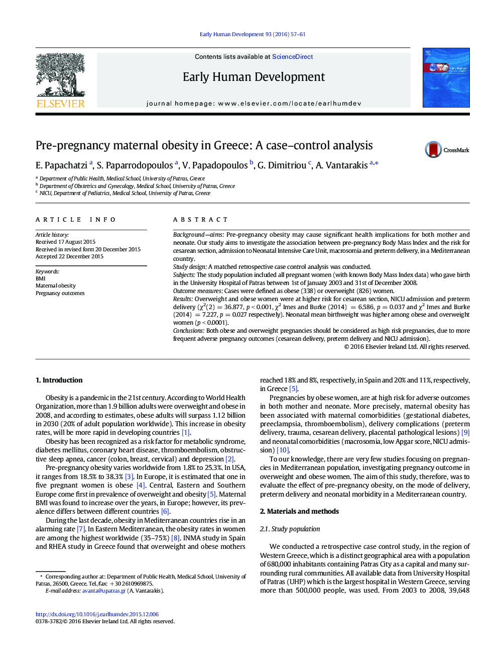 Pre-pregnancy maternal obesity in Greece: A case–control analysis