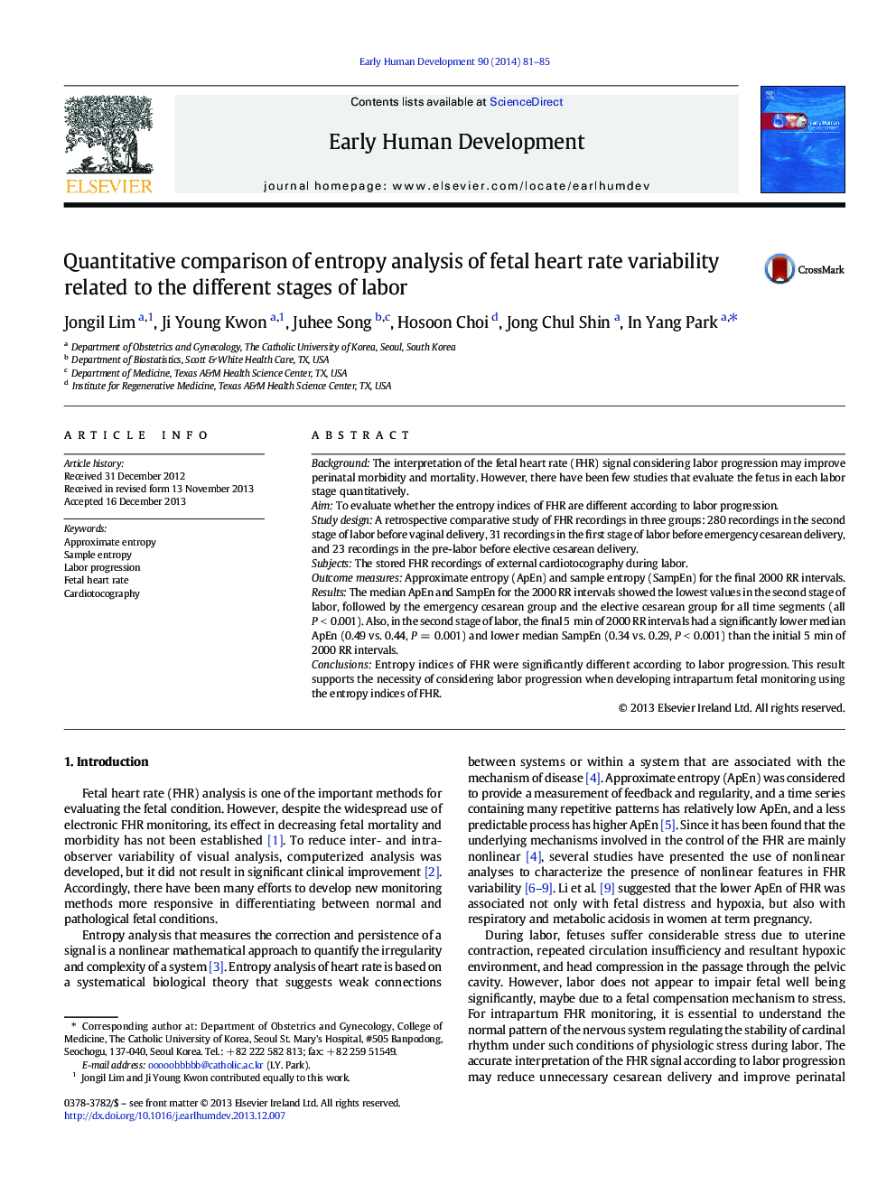 Quantitative comparison of entropy analysis of fetal heart rate variability related to the different stages of labor