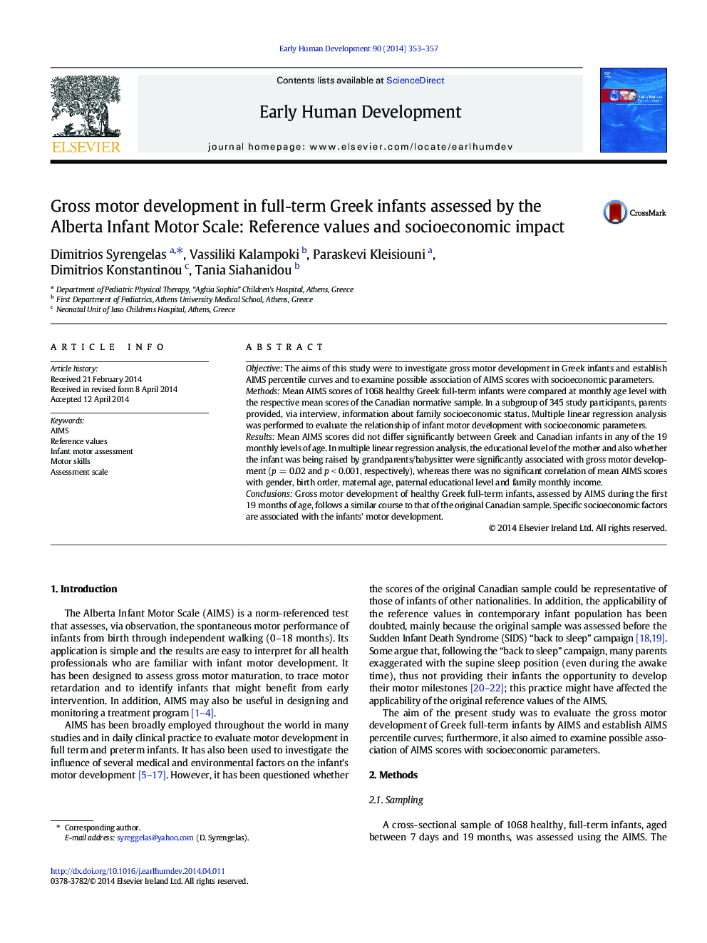 Gross motor development in full-term Greek infants assessed by the Alberta Infant Motor Scale: Reference values and socioeconomic impact