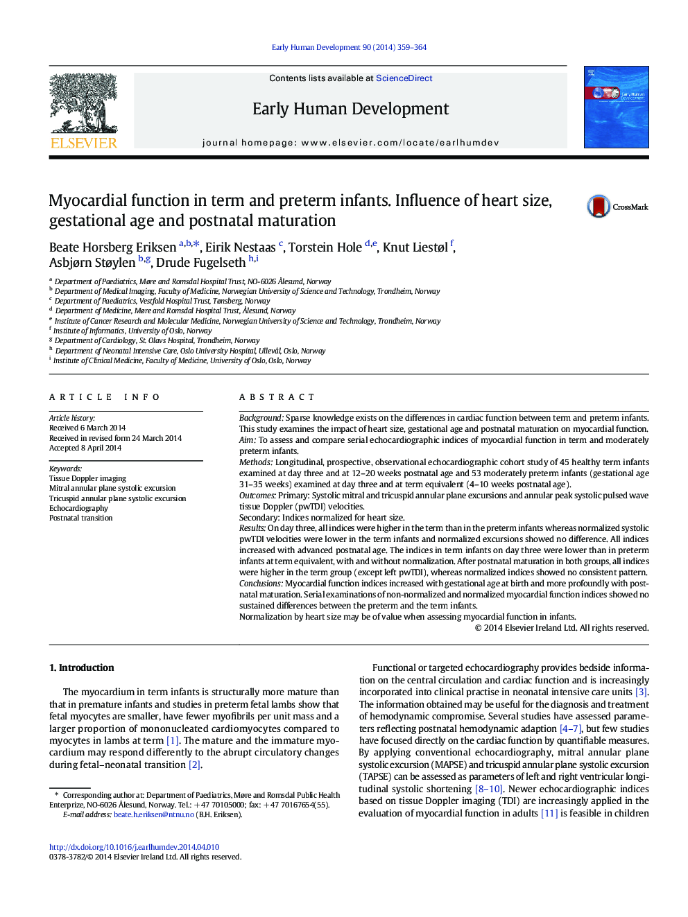 Myocardial function in term and preterm infants. Influence of heart size, gestational age and postnatal maturation