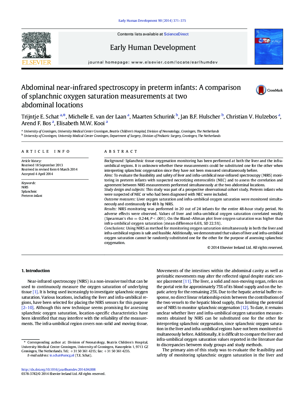 Abdominal near-infrared spectroscopy in preterm infants: A comparison of splanchnic oxygen saturation measurements at two abdominal locations