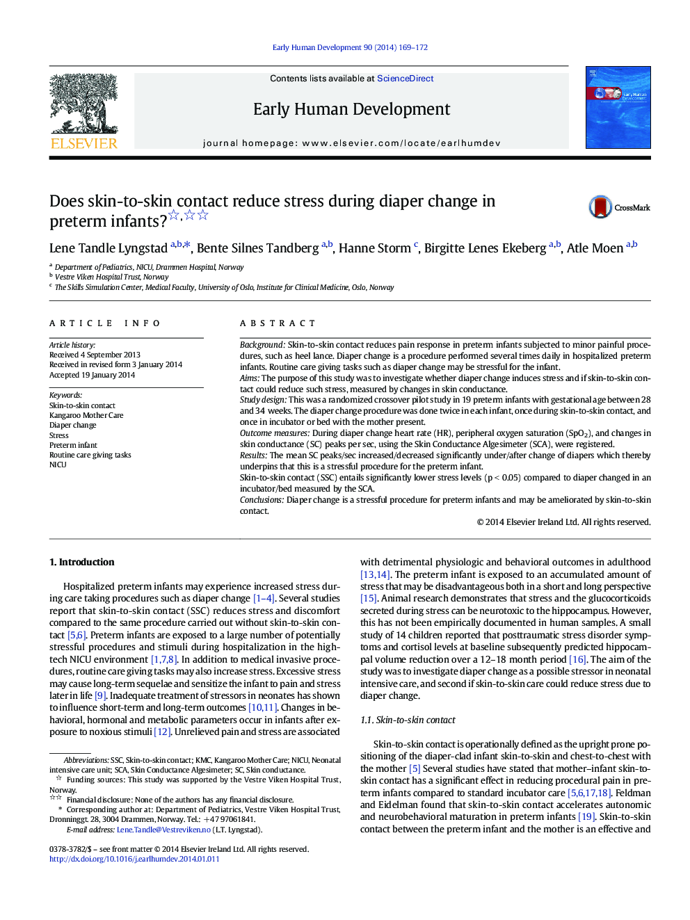 Does skin-to-skin contact reduce stress during diaper change in preterm infants? 