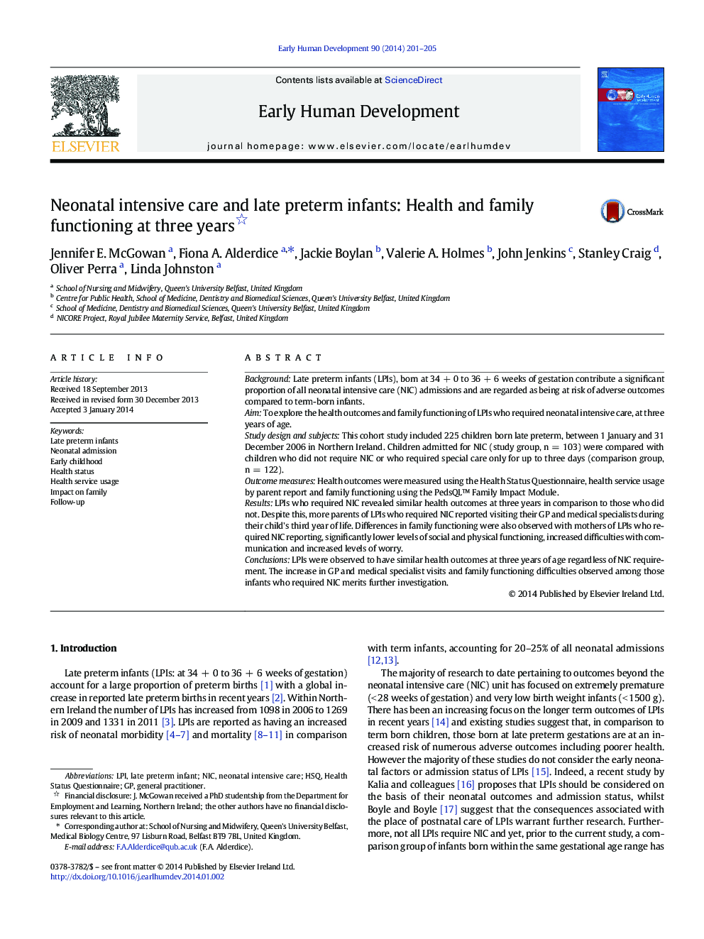 Neonatal intensive care and late preterm infants: Health and family functioning at three years 